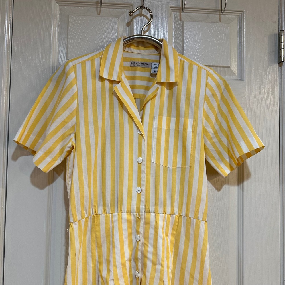 Vtg‎ Liz Claiborne Vintage Yellow White Striped Dress Petite 8 Button Front Midi - Picture 3 of 12